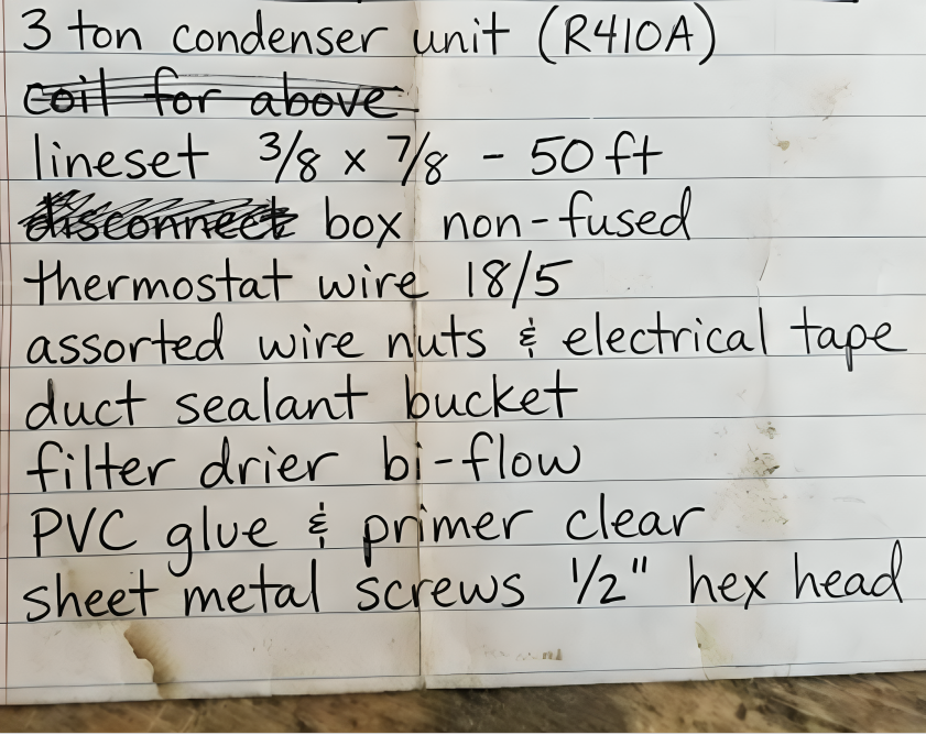 Handwritten parts list